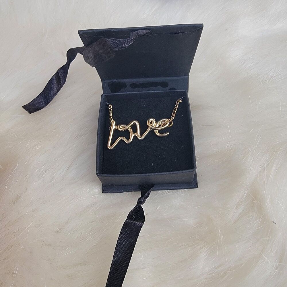 Gold Tone Love Script Necklace Delicate Feminine